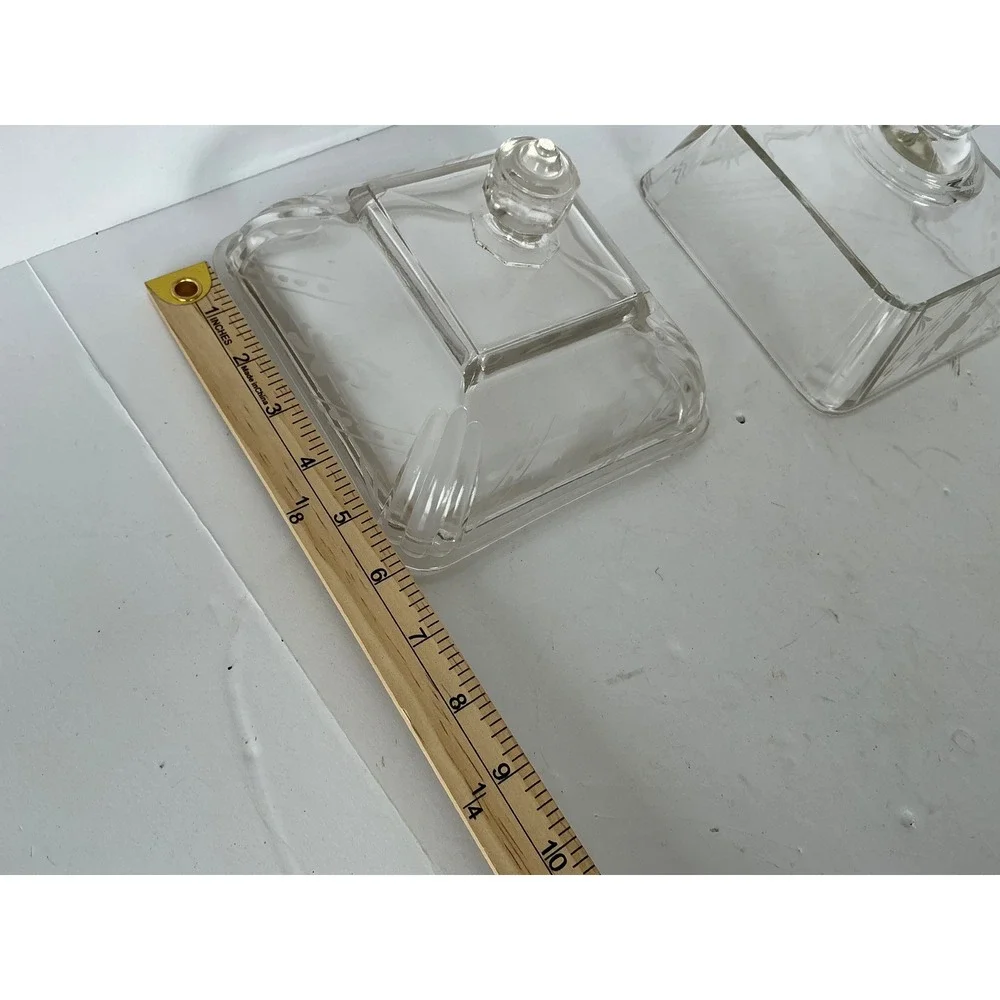 Vintage Glass Pedestal‎ Candy Dish Etched Floral Square Lidded Clear
